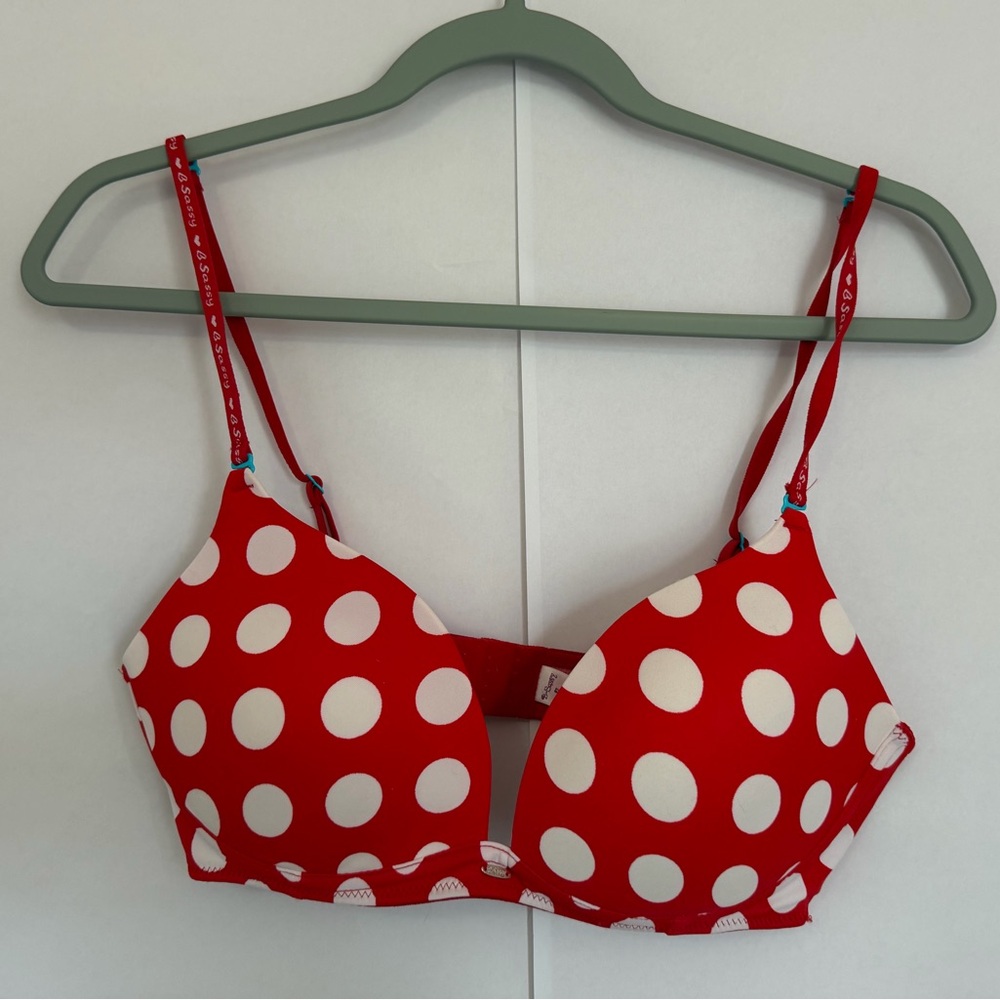 B-Sassy Red White Polka Dot Bra 36C Push Up Padded Adjustable Straps Retro Pinup